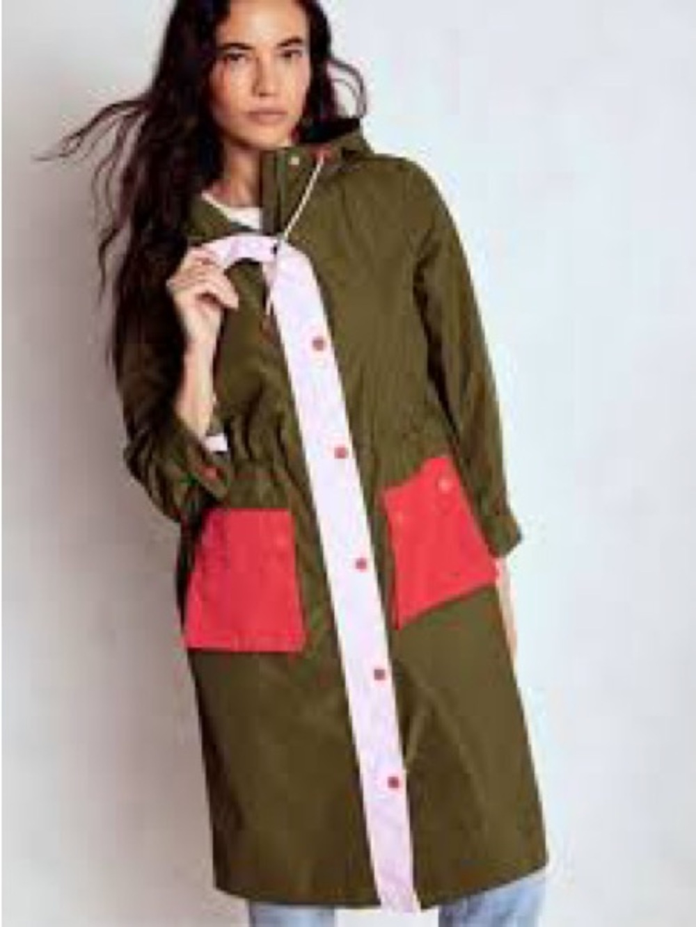 Boden Olive Green Long raincoat with Pink Trim and Red Pocket NWT